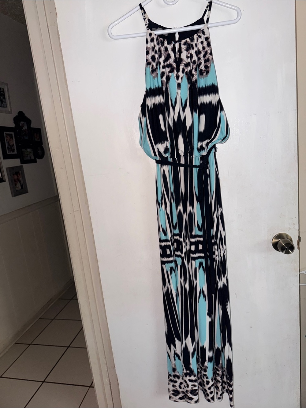 Roz & Ali Aqua, Black and White Printed Halter Maxi Dress